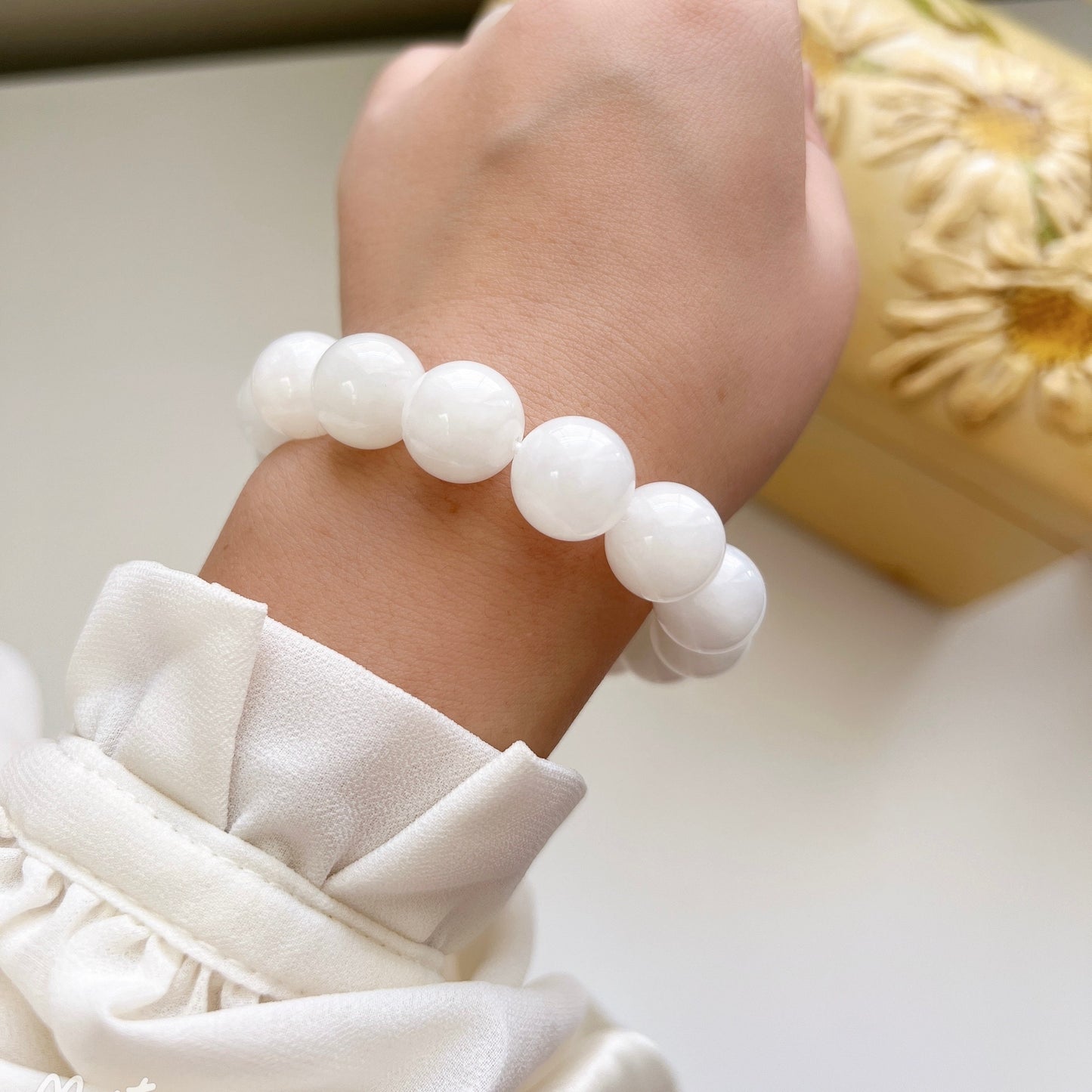 14mm White Hetian Jade Elastic Bracelet, Men woman Nephrite Stretch Bracelets, High Quality Large Size Jade Breads Bracelet 田白玉手串