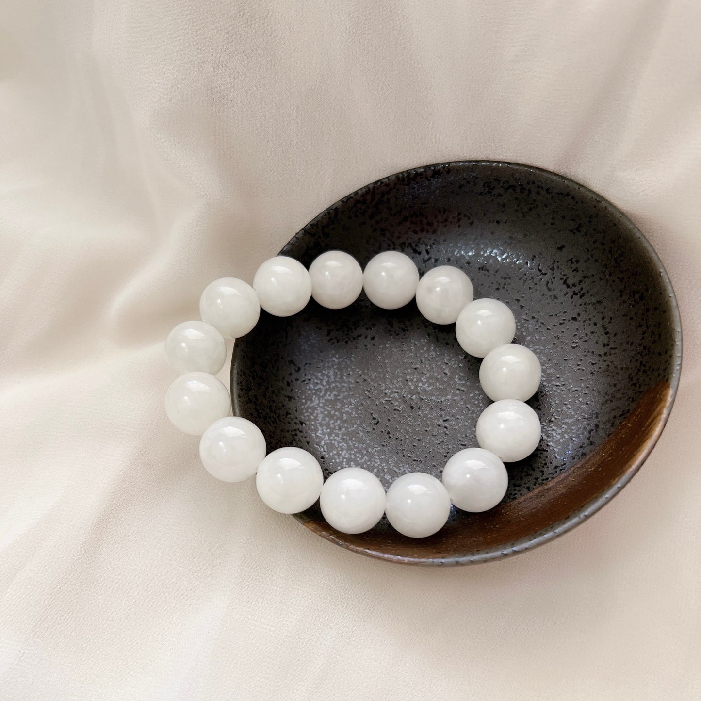 14mm White Hetian Jade Elastic Bracelet, Men woman Nephrite Stretch Bracelets, High Quality Large Size Jade Breads Bracelet 田白玉手串