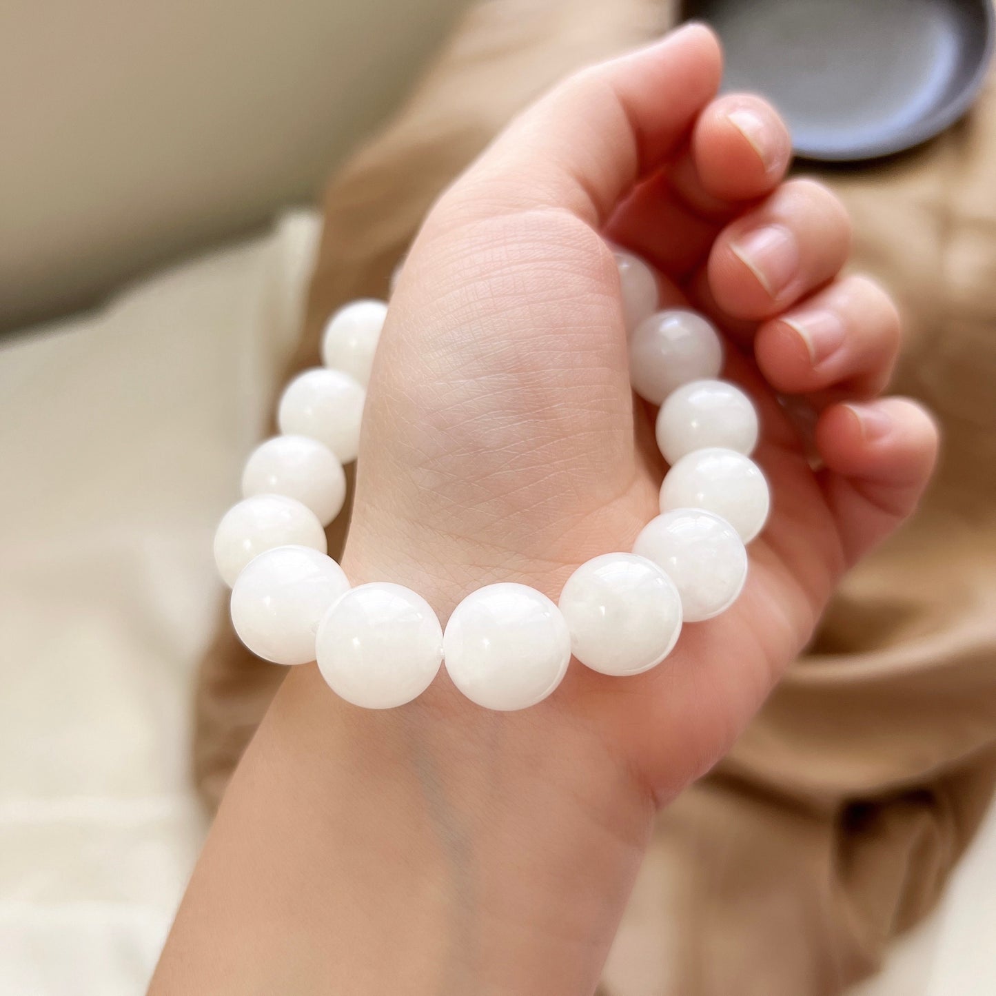 14mm White Hetian Jade Elastic Bracelet, Men woman Nephrite Stretch Bracelets, High Quality Large Size Jade Breads Bracelet 田白玉手串