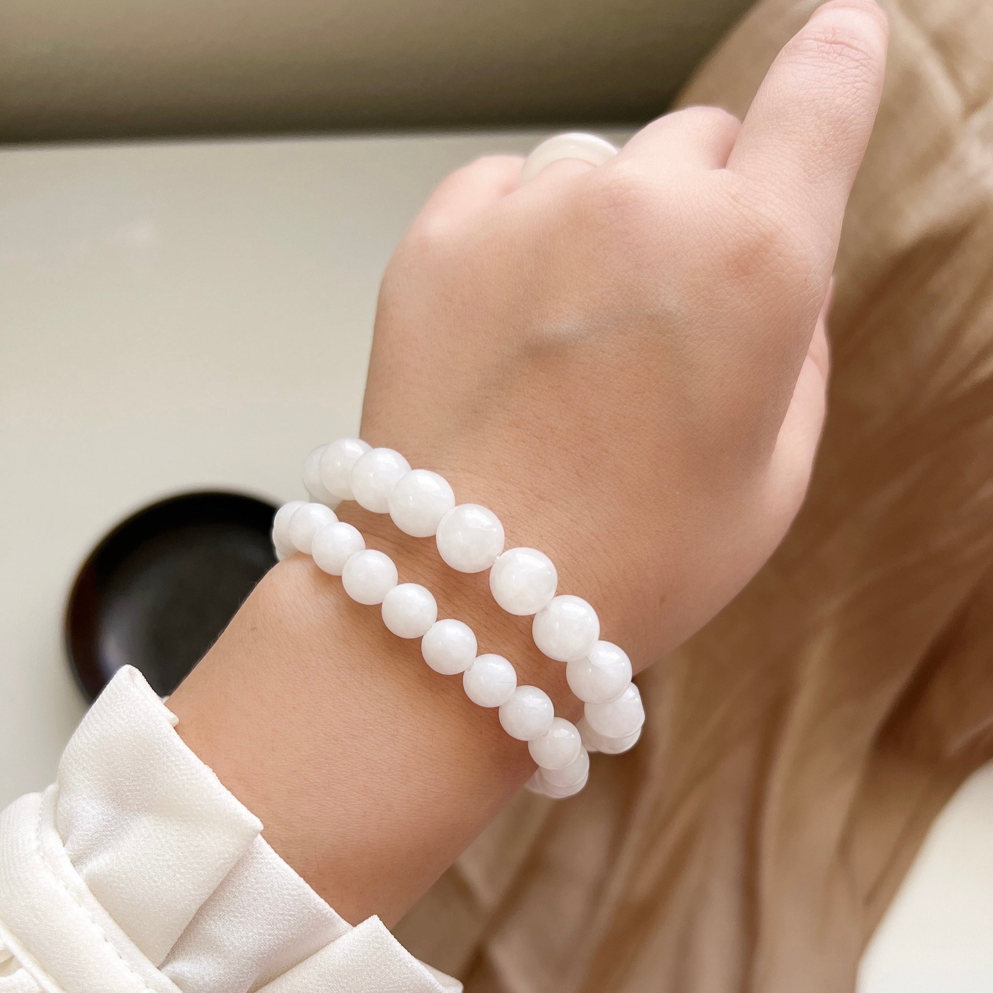 White Hetian Jade Elastic Bracelet, Beaded Jade Stretch Bracelets, High Quality Nephrite Bracelet with Elastic Thread, 8mm 10mm 和田白玉手串