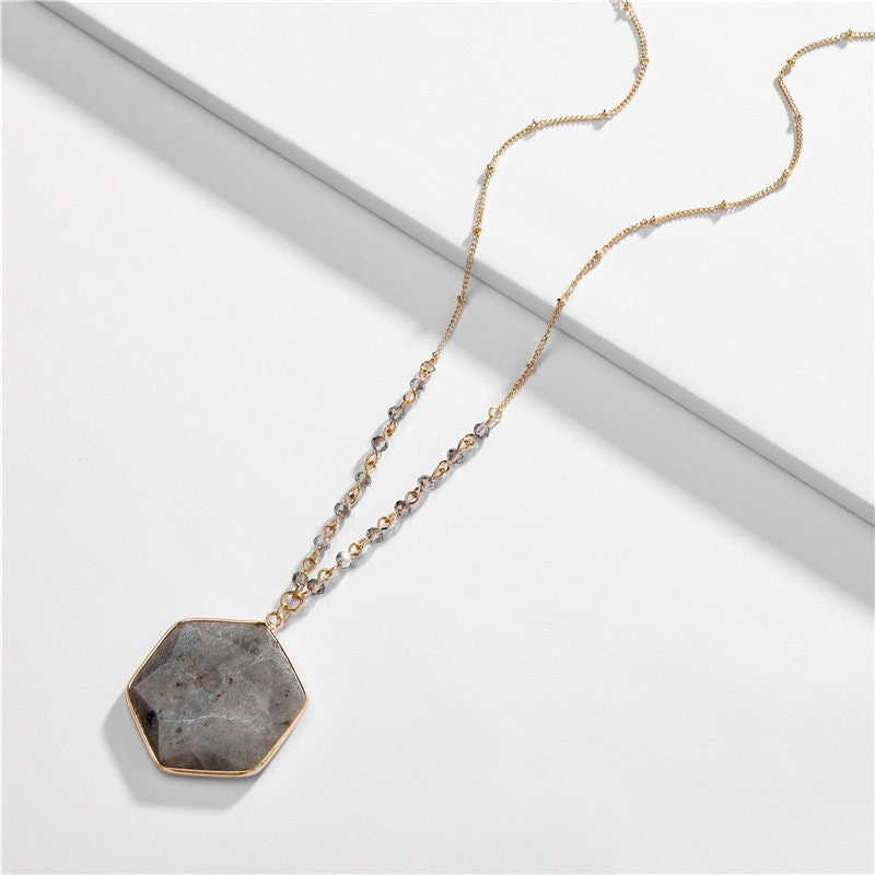 Hexagon Natural Labradorite Stone Pendant Necklace, Half Circle Large Natural Stone necklace, Boho Style 32+2 Inch Long Chain Necklace