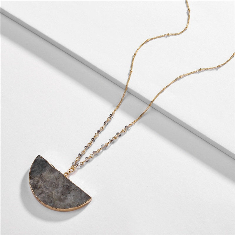 Hexagon Natural Labradorite Stone Pendant Necklace, Half Circle Large Natural Stone necklace, Boho Style 32+2 Inch Long Chain Necklace