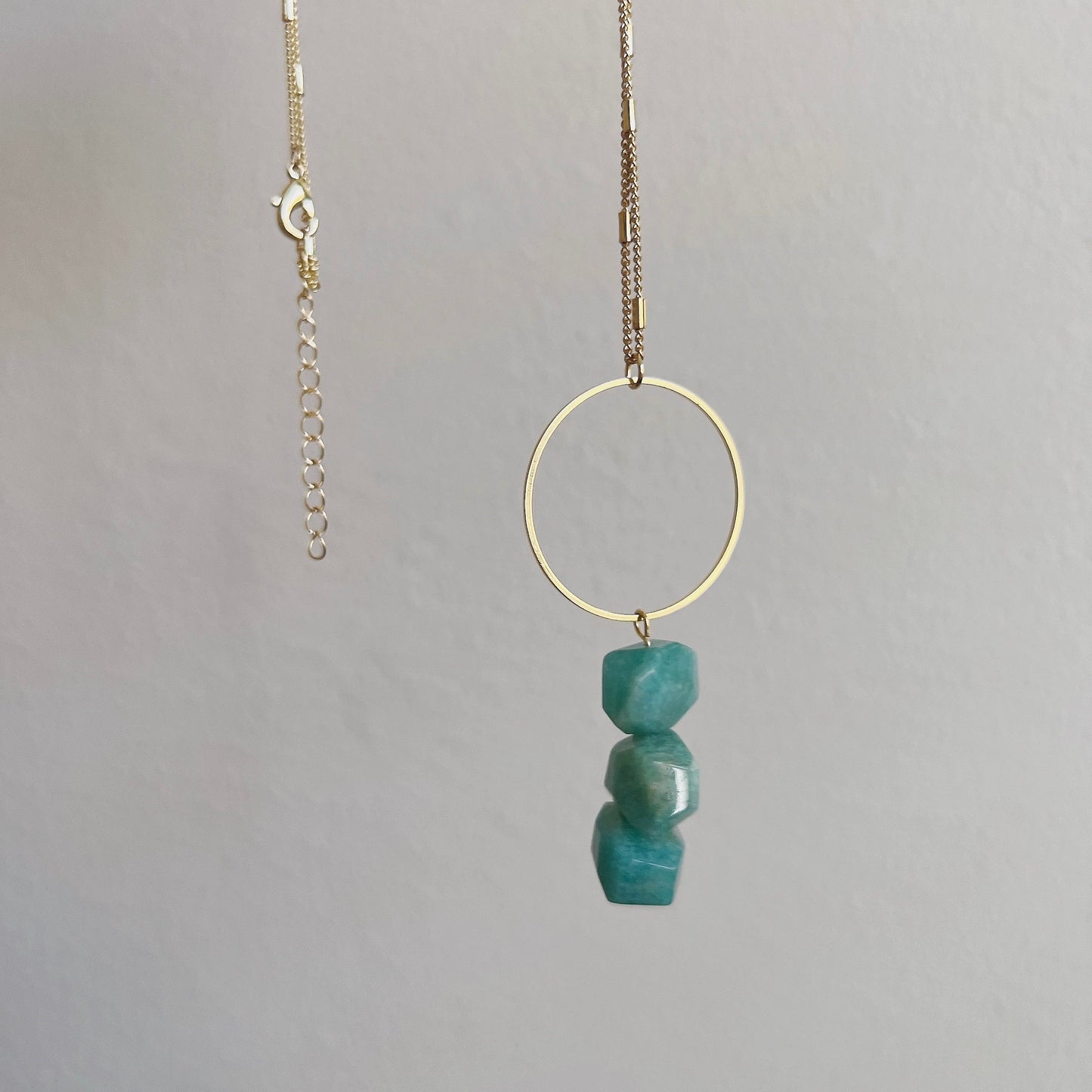 Faced Natural Amazonite Necklace, 3 Green Natural Stone with 1 big hoop Pendant Necklace,  Boho Style 32+2 Inch Long Chain Necklace