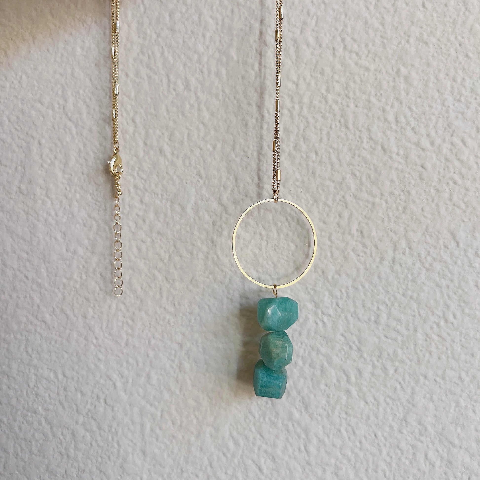 Faced Natural Amazonite Necklace, 3 Green Natural Stone with 1 big hoop Pendant Necklace,  Boho Style 32+2 Inch Long Chain Necklace