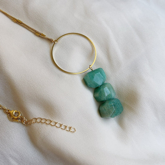 Faced Natural Amazonite Necklace, 3 Green Natural Stone with 1 big hoop Pendant Necklace,  Boho Style 32+2 Inch Long Chain Necklace