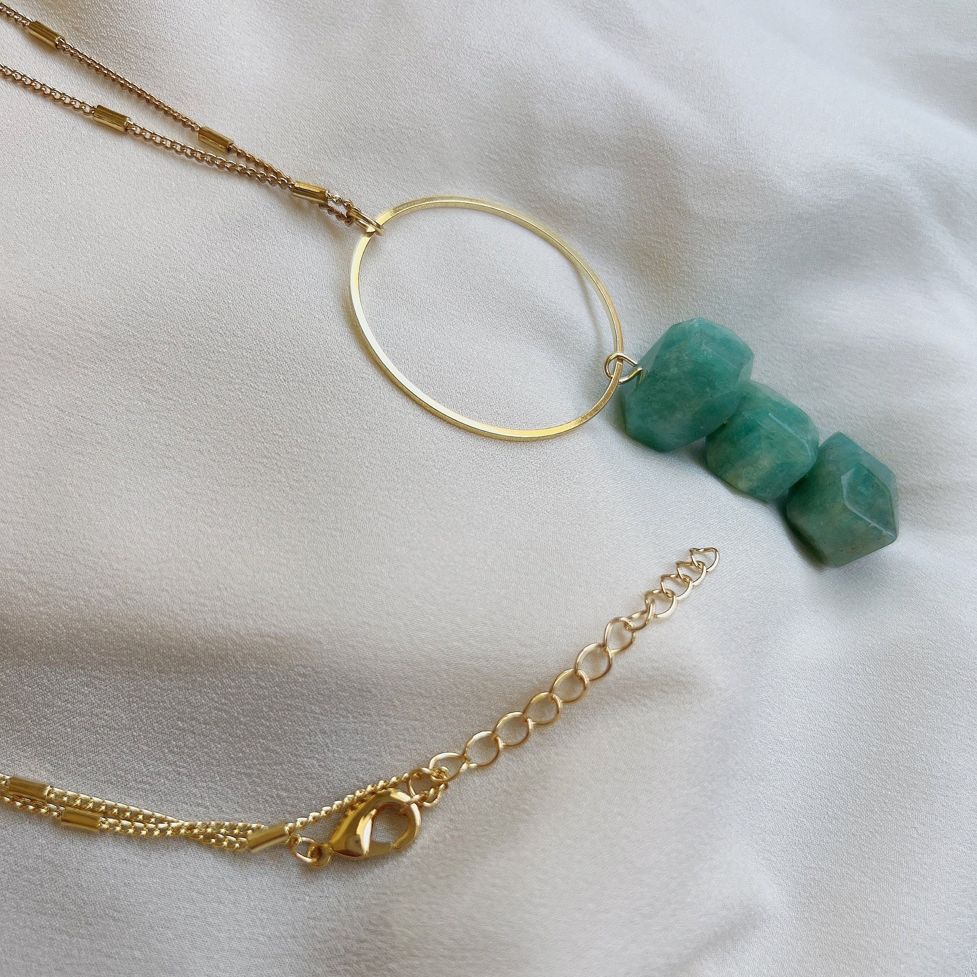 Faced Natural Amazonite Necklace, 3 Green Natural Stone with 1 big hoop Pendant Necklace,  Boho Style 32+2 Inch Long Chain Necklace