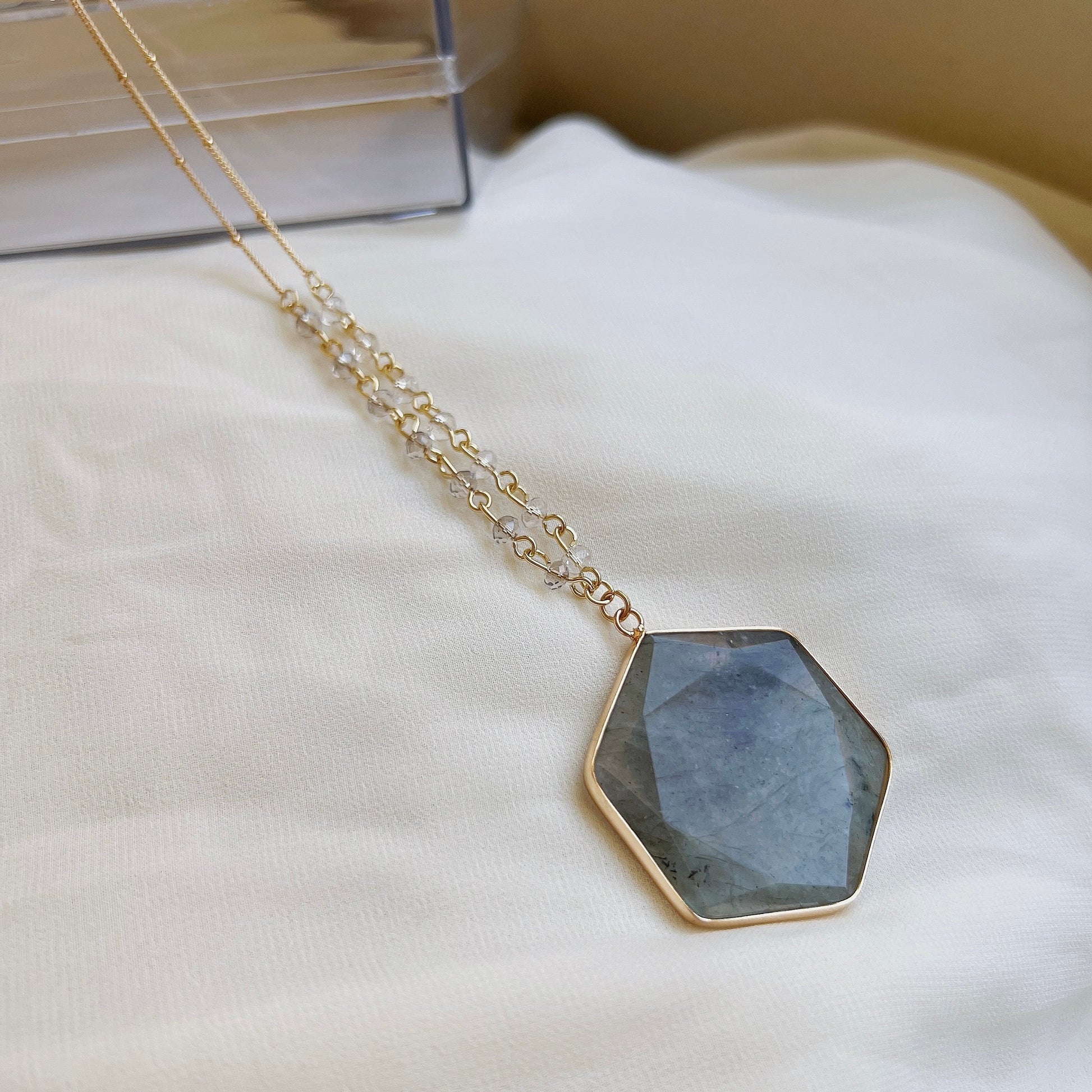 Hexagon Natural Labradorite Stone Pendant Necklace, Half Circle Large Natural Stone necklace, Boho Style 32+2 Inch Long Chain Necklace