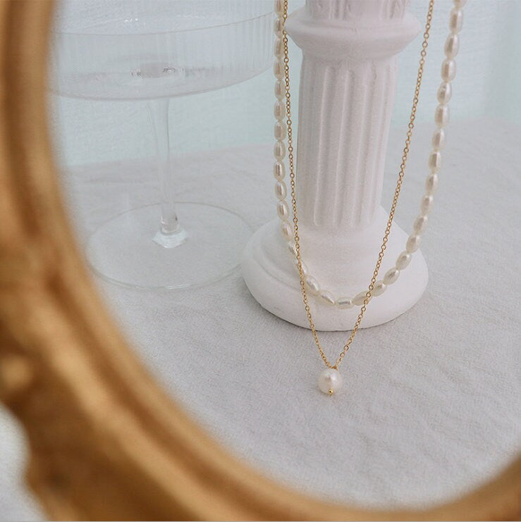 2 layers Natural Freshwater Pearl Necklace, Double Layered Pearl Choker Necklace, Rice Shape Pearl Beaded Necklace