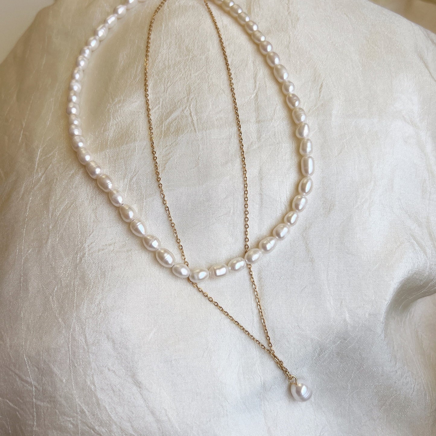 2 layers Natural Freshwater Pearl Necklace, Double Layered Pearl Choker Necklace, Rice Shape Pearl Beaded Necklace