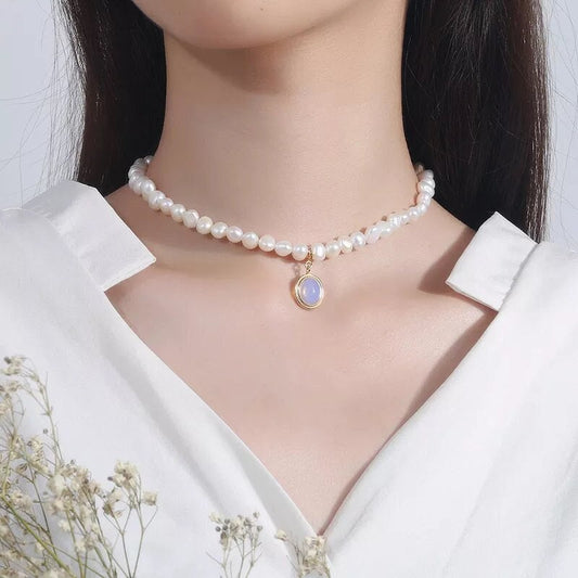 Moonstone Natural Freshwater Pearl Necklace, Baroque Irregular Pearl Necklaces with a Moonstone Pendant, 925 Sterling Silver Chokers