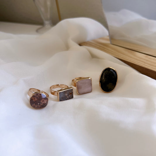 Boho Style Big Natural Stone Ring, Oval Square Rectangle Round Gemstone Gold Ring, Solid Granite, Pink Quartz, Black Stone, Leopard Skin