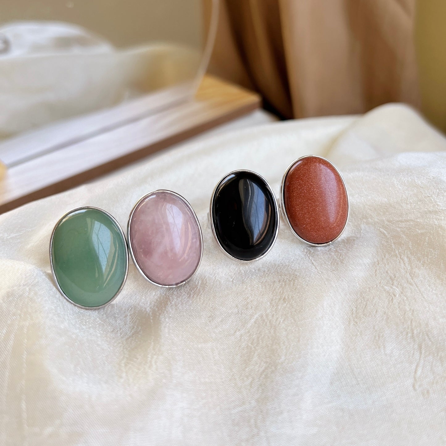 Boho Style Big Size Natural Stone Ring, Oval Round Gemstone Ring, Pink, Green Aventurine, Goldstone, Black Carnelian, Pink Crystal