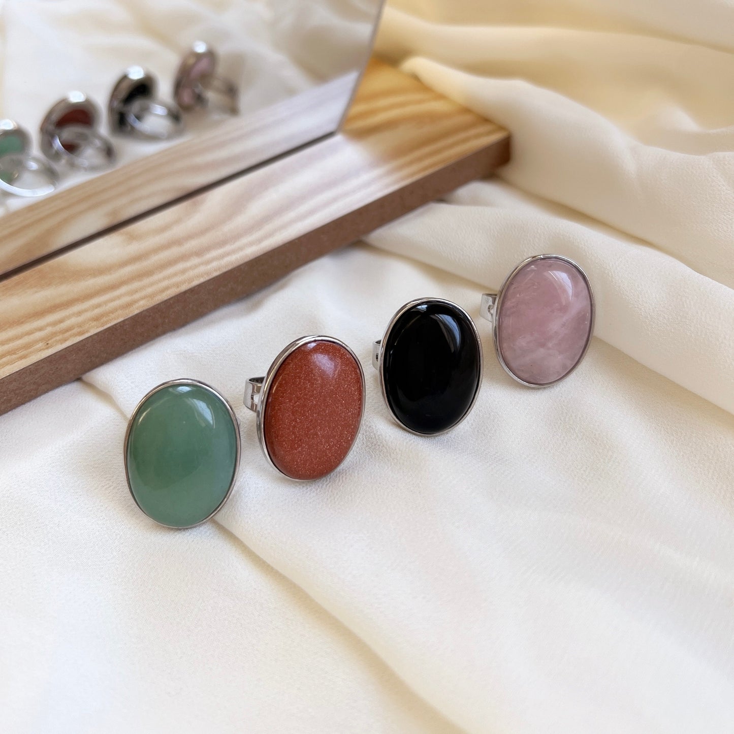 Boho Style Big Size Natural Stone Ring, Oval Round Gemstone Ring, Pink, Green Aventurine, Goldstone, Black Carnelian, Pink Crystal