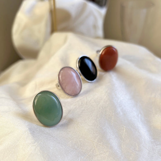 Boho Style Big Size Natural Stone Ring, Oval Round Gemstone Ring, Pink, Green Aventurine, Goldstone, Black Carnelian, Pink Crystal