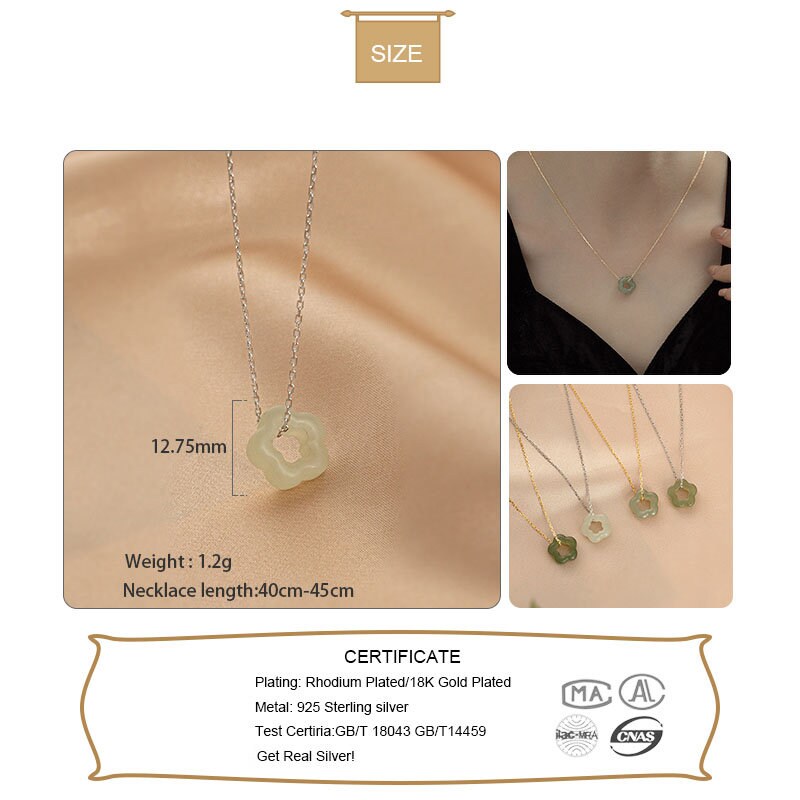 925 Sterling Silver Jade Necklace, Vintage Khotan Jade Hollow Flower 13mm Pendant Necklace, Silver or Gold Nephrite Pendant Necklace