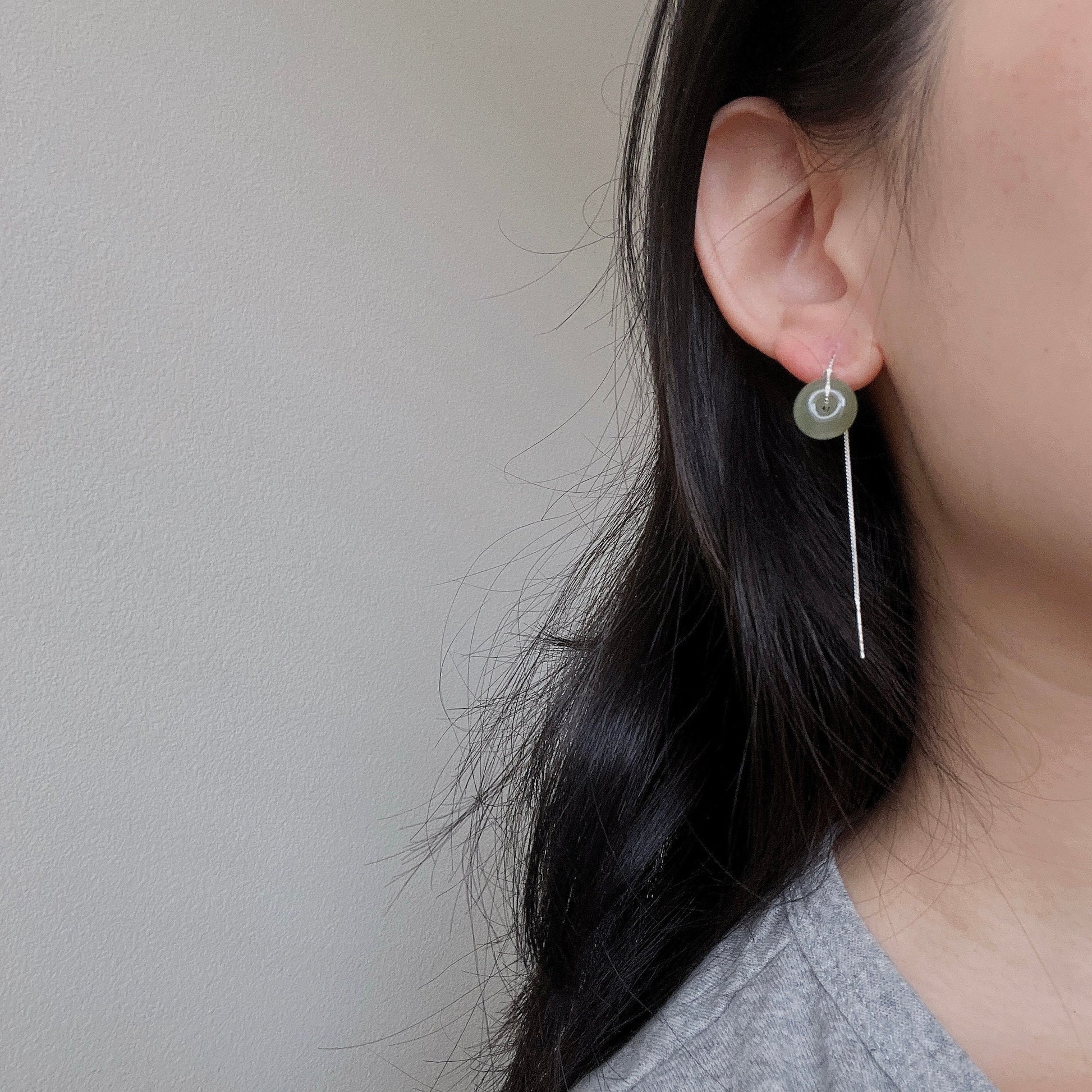 Genuine Hetian Jade Long Drop Tassel Earring, Natural Green Jade Donut Pendant, Silver Gold Long Drop Nephrite Earrings, Donut Ring Earring