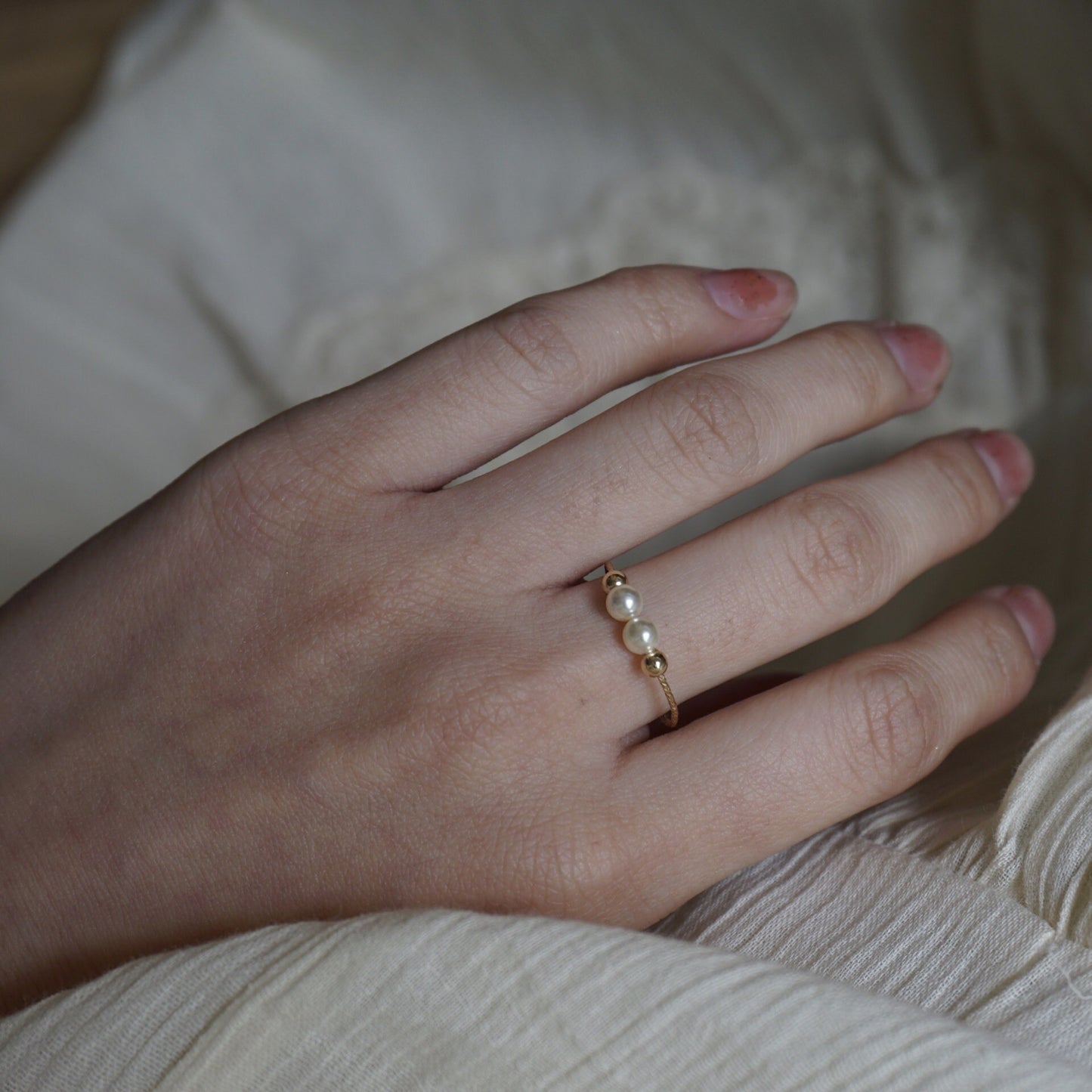 Double Small Pearls Ring with 14K Gold Filled Wire Band, Front Open Pearl Ring, Two Round Pearl Ring