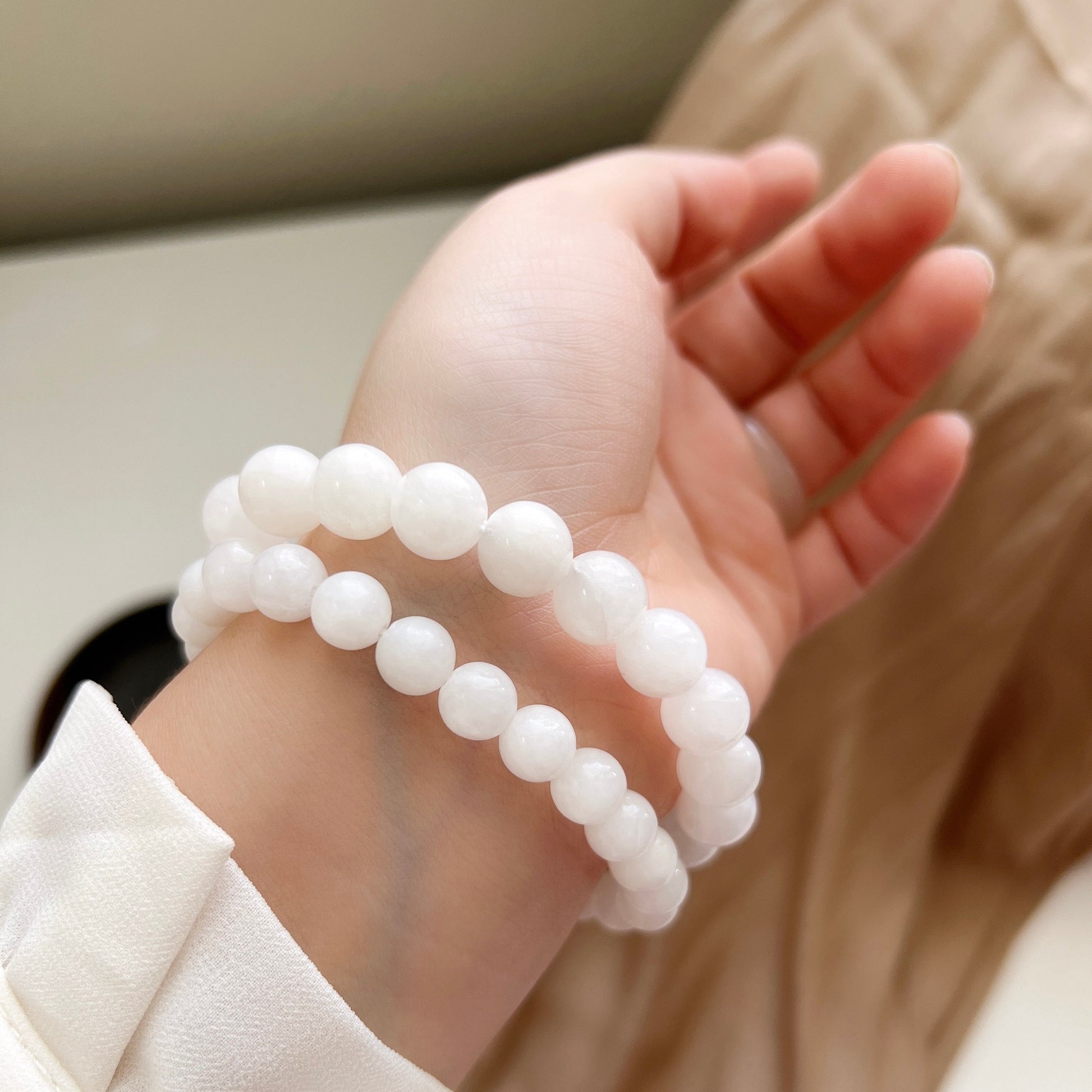 White Hetian Jade Elastic Bracelet, Beaded Jade Stretch Bracelets, High Quality Nephrite Bracelet with Elastic Thread, 8mm 10mm 和田白玉手串