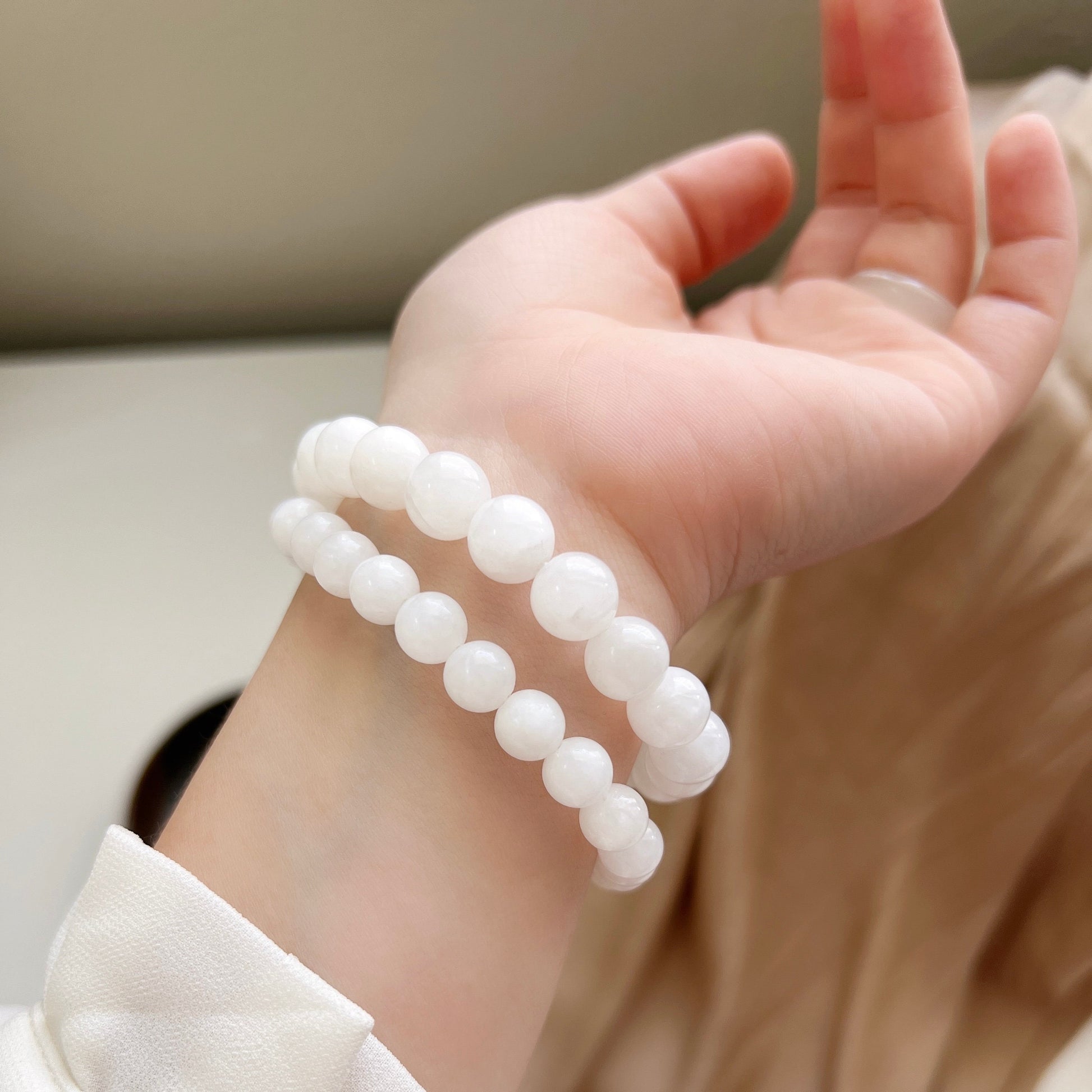 White Hetian Jade Elastic Bracelet, Beaded Jade Stretch Bracelets, High Quality Nephrite Bracelet with Elastic Thread, 8mm 10mm 和田白玉手串