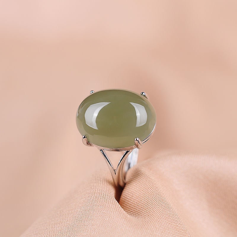 12*16mm Genuine Hetian Jade Light Green/Grey Ring, Oval Shape Nephrite Ring with 925 Silver, Simple Big Jade Adjustable Ring 田碧玉戒指, 湖水绿&烟紫