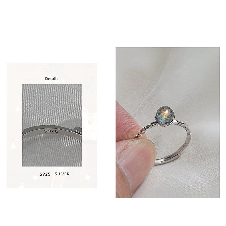 Simple Moonstone Silver Ring, Natural Gemstone S925 Silver Ring, Minimalist Adjustable Ring, Boho Style Round Small Moonstone Ring