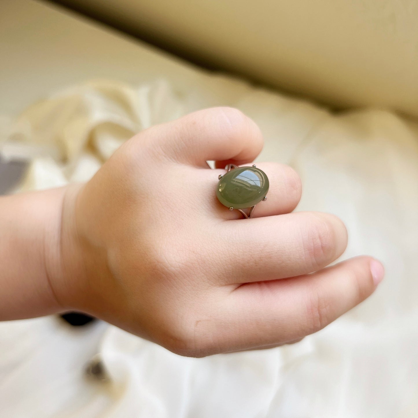 12*16mm Genuine Hetian Jade Light Green/Grey Ring, Oval Shape Nephrite Ring with 925 Silver, Simple Big Jade Adjustable Ring 田碧玉戒指, 湖水绿&烟紫