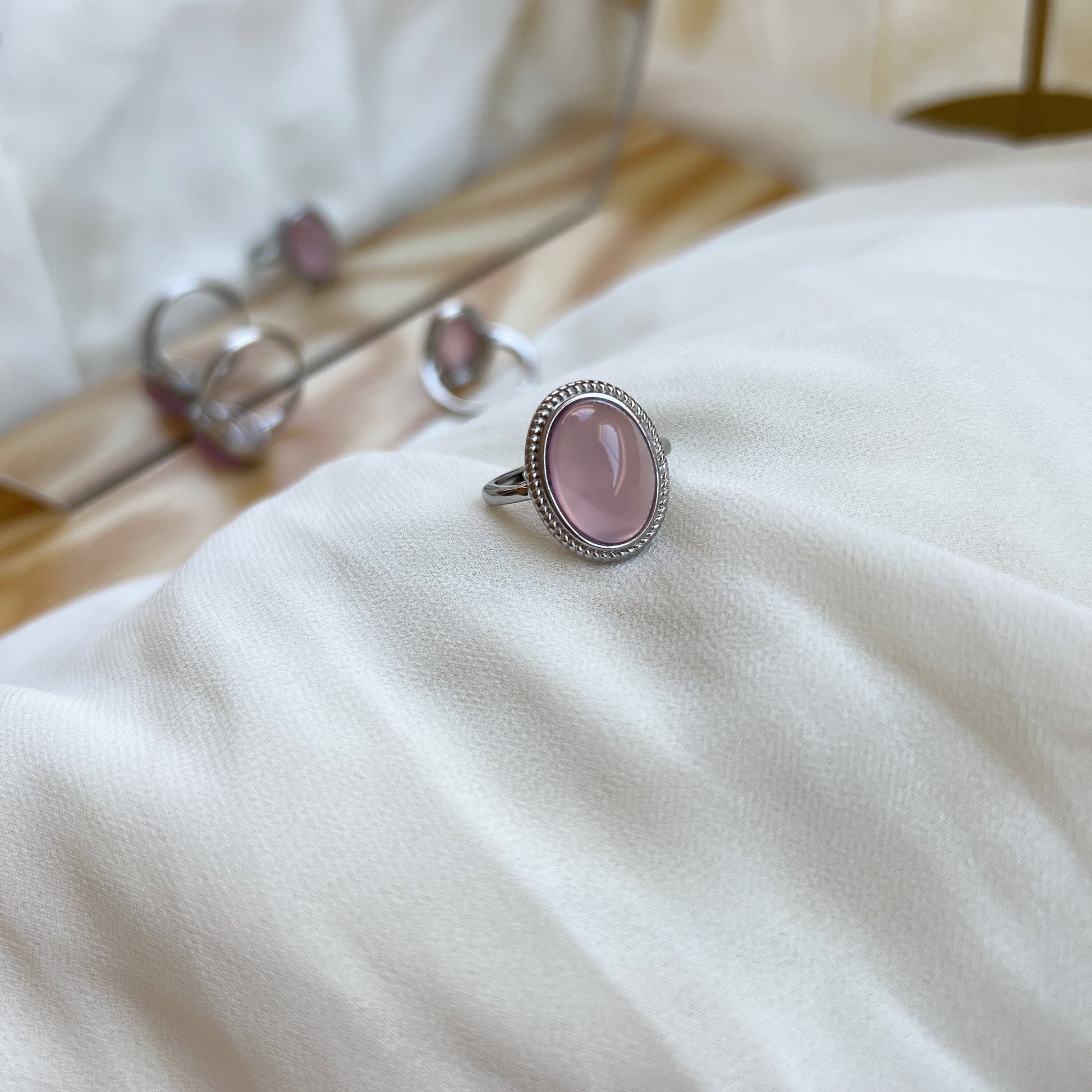 Boho Style Big Size Natural Stone Ring, Oval Round Pink Crystal Ring, Large Crystal Silver Ring, Big Pink Gemstone Ring