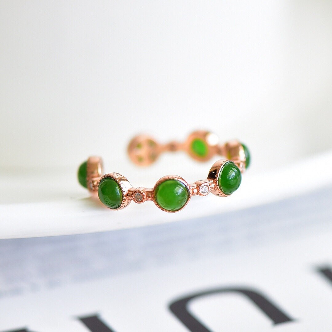 Multi Green Jade Ring, 7 Small Nephrite Silver Ring with Rose Gold Plated, 925 Sterling Silver Adjustable Band, Genuine Hetian Jade Ring