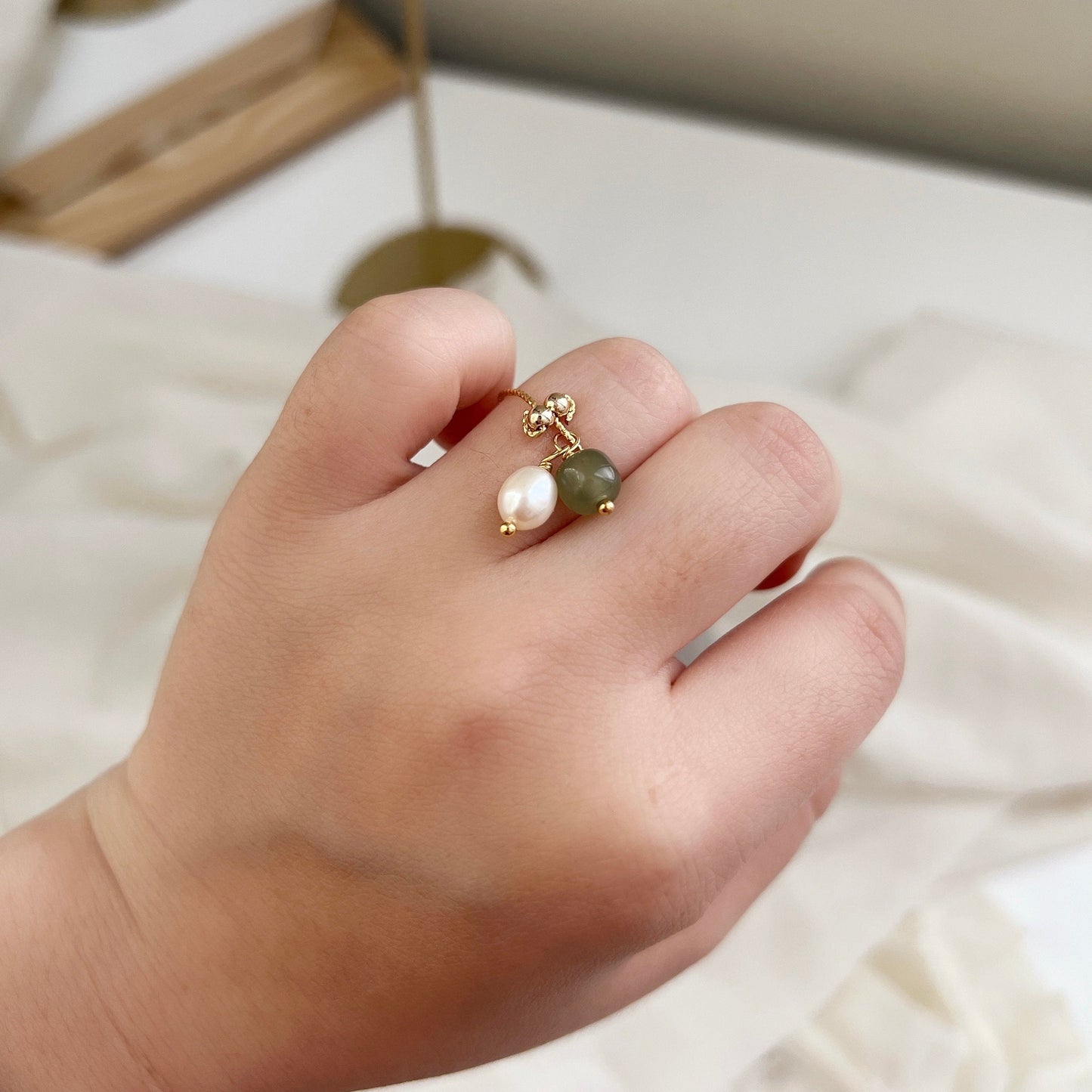 Green Jade Ring, Fresh Water Pearl Ring,  Nephrite and Pearl Ring, Adjustable Ring, Pearl Tassel Ring, Gold Jade Ring, Jade and Pearl Ring