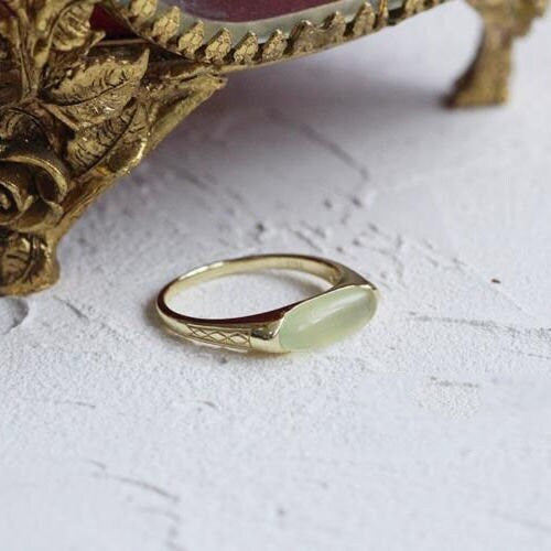 Light Green Long Natural Stone Ring, Vintage Gold Plated Gemstone Ring, Transparent Grape Stone Ring, Adjustable S925 Silver Ring