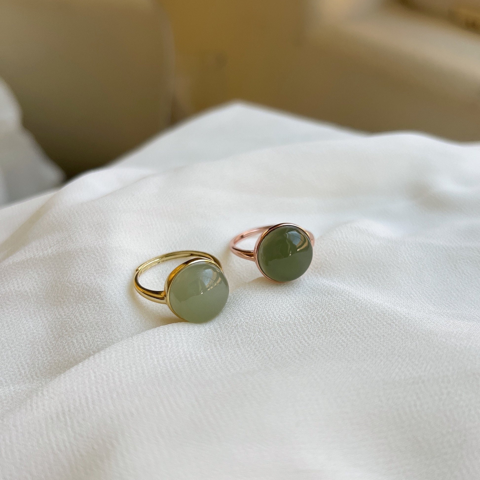 Genuine Green Jade Ring, Light Green Jade Ring, Round Vintage Nephrite Ring, Hetian Jade Ring, Gold Plated 925 Silver Adjustable Ring