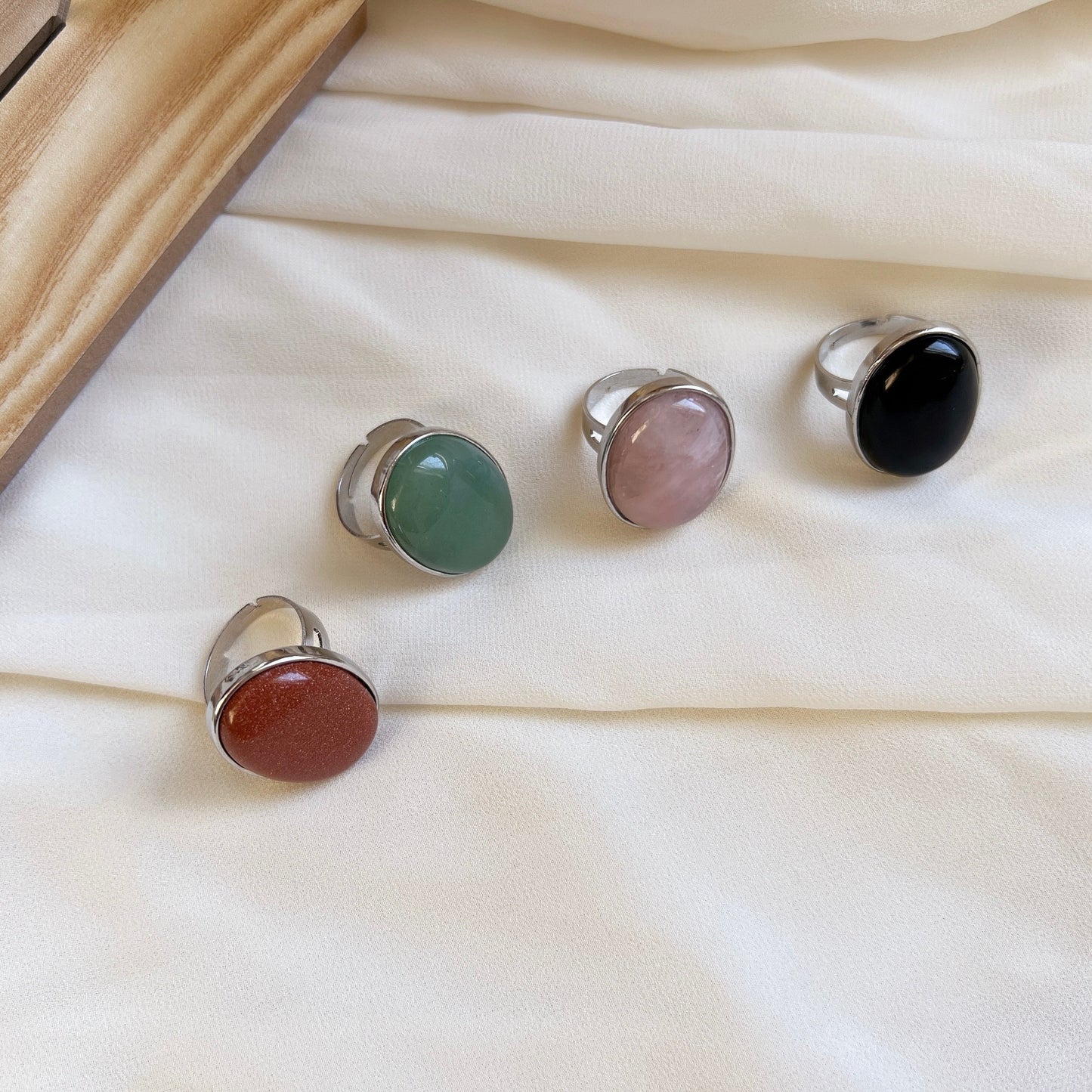 Boho Style Big Size Natural Stone Ring, Oval Round Gemstone Ring, Pink, Green Aventurine, Goldstone, Black Carnelian, Pink Crystal