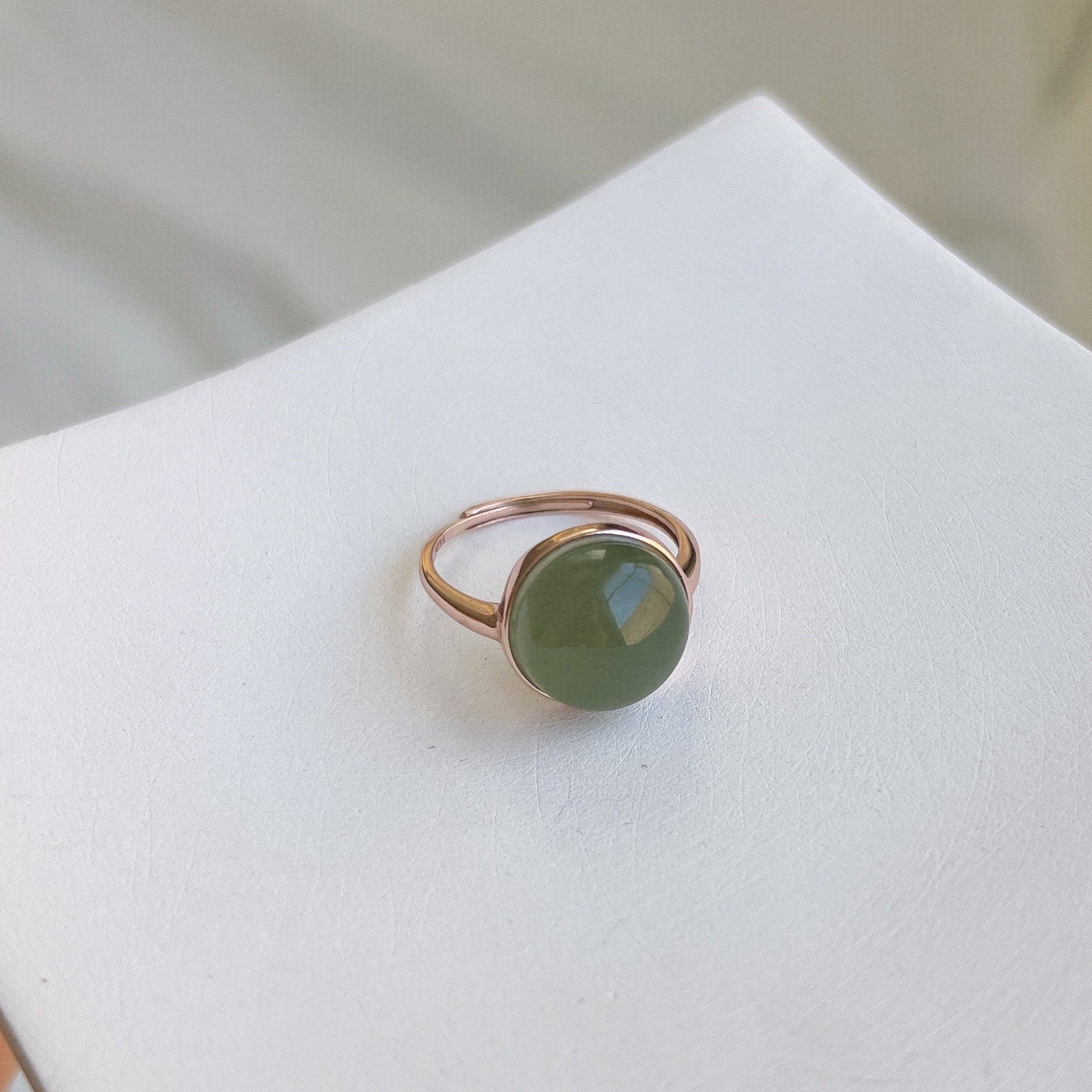 Genuine Green Jade Ring, Light Green Jade Ring, Round Vintage Nephrite Ring, Hetian Jade Ring, Gold Plated 925 Silver Adjustable Ring