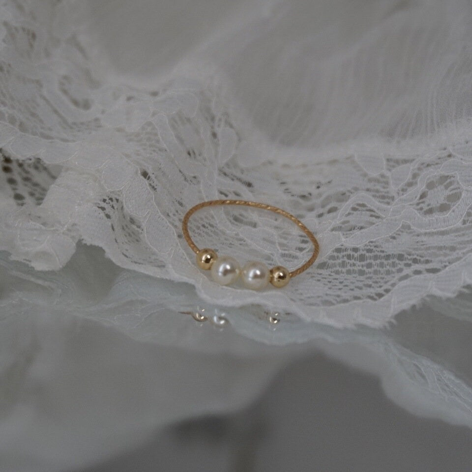 Double Small Pearls Ring with 14K Gold Filled Wire Band, Front Open Pearl Ring, Two Round Pearl Ring