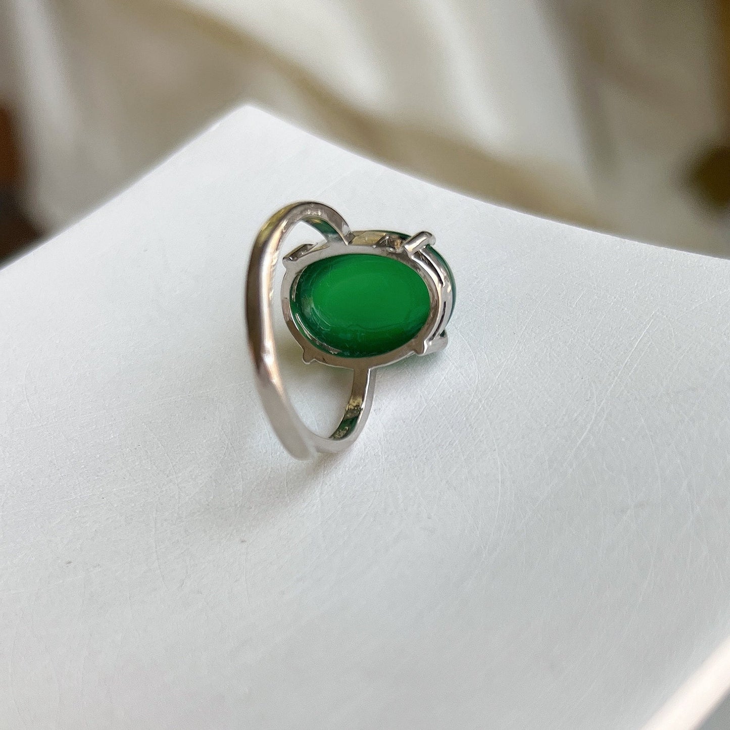 Big Green Chalcedony Ring, Oval Shape Green Natural Stone Ring with 925 Silver Band, Adjustable Gemstone Ring, Green Large Stone Ring