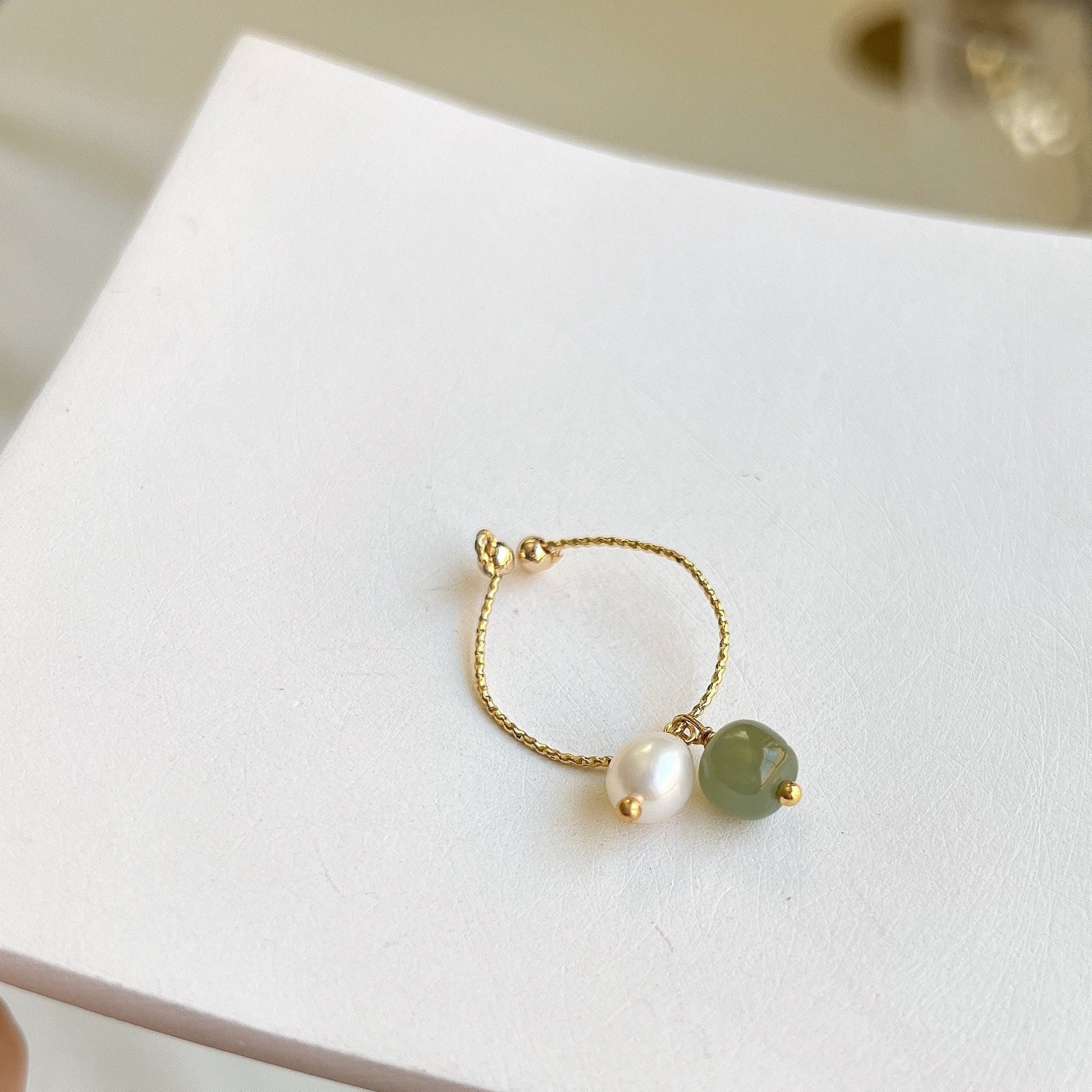 Green Jade Ring, Fresh Water Pearl Ring,  Nephrite and Pearl Ring, Adjustable Ring, Pearl Tassel Ring, Gold Jade Ring, Jade and Pearl Ring