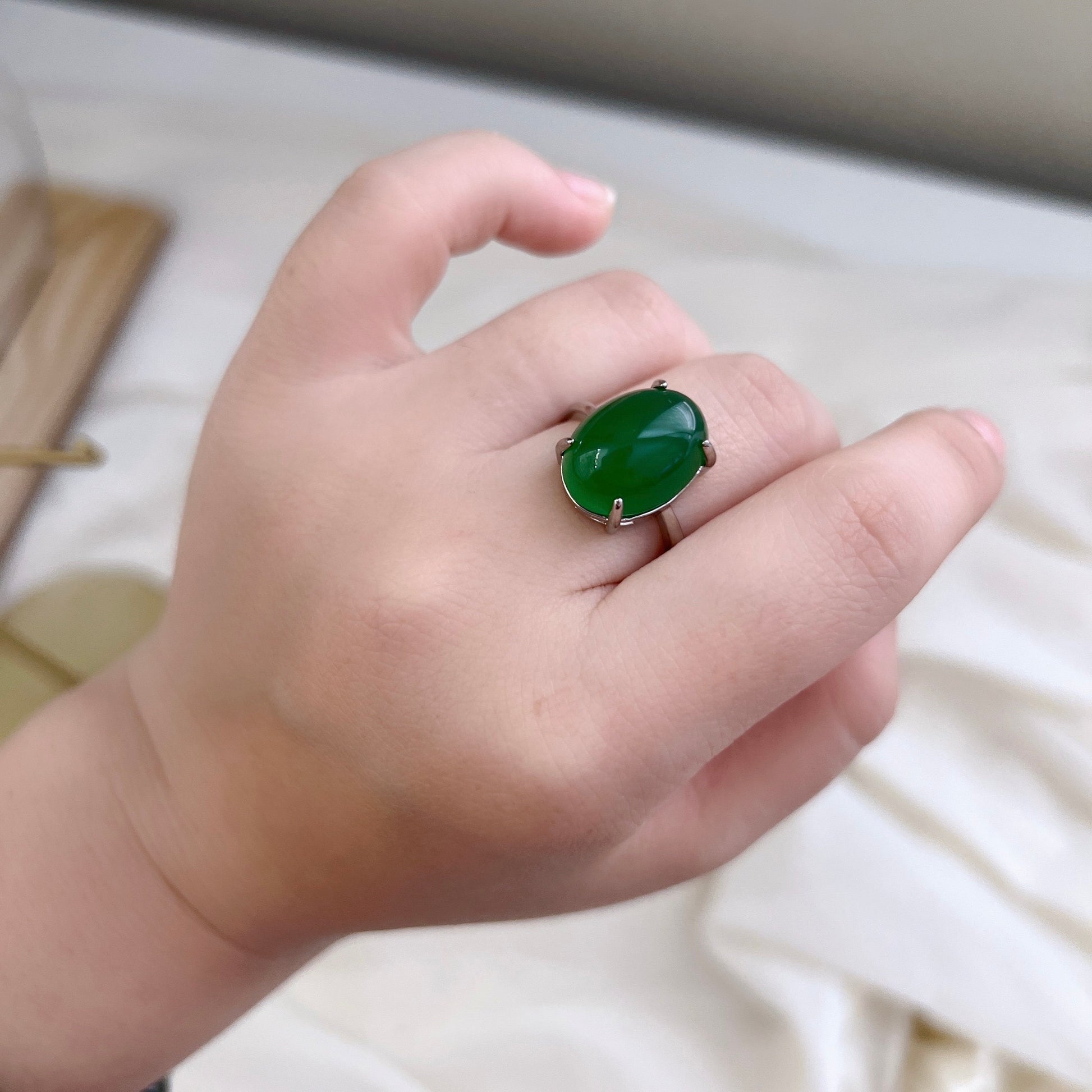 Big Green Chalcedony Ring, Oval Shape Green Natural Stone Ring with 925 Silver Band, Adjustable Gemstone Ring, Green Large Stone Ring