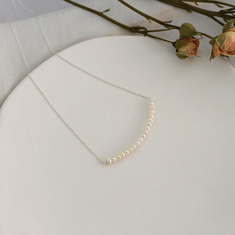 Pearl Row Necklace, 925 Sterling Silver Natural Freshwater Pearl Necklace, Dainty Pearl Necklace, Bridal Necklace, Bridesmaids Necklace