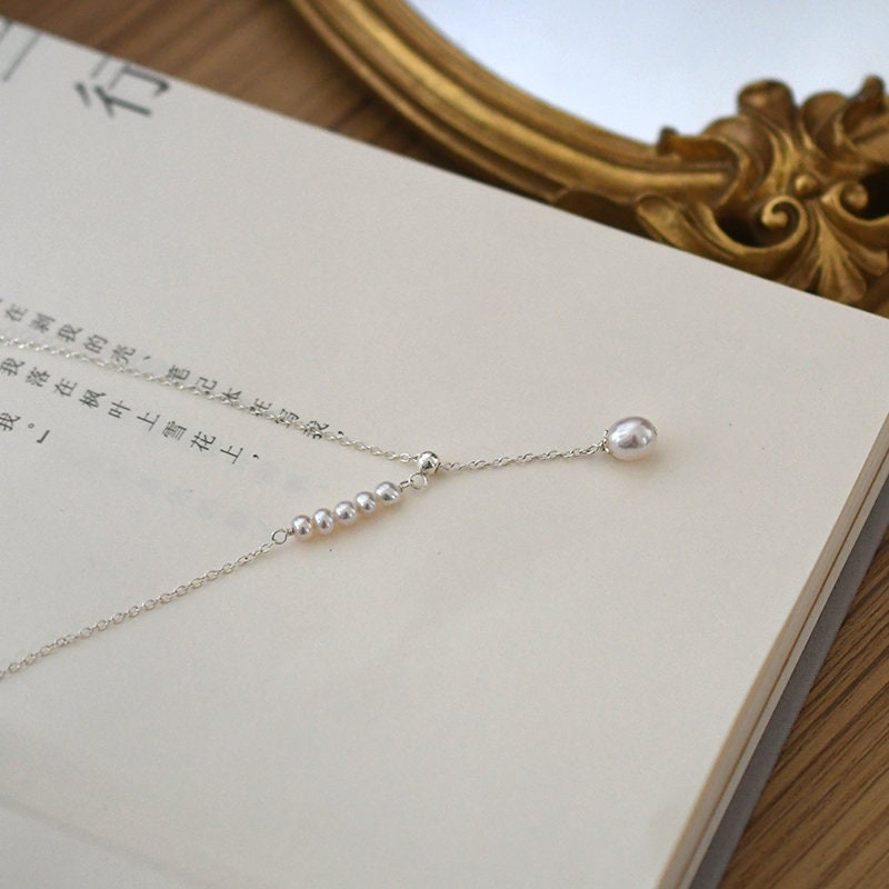 Natural Freshwater Pearl Necklace, Silver Pearl Y Necklace, Dainty Pearl Necklace, Bridal Necklace, Bridesmaids Necklace, Wedding Lariat