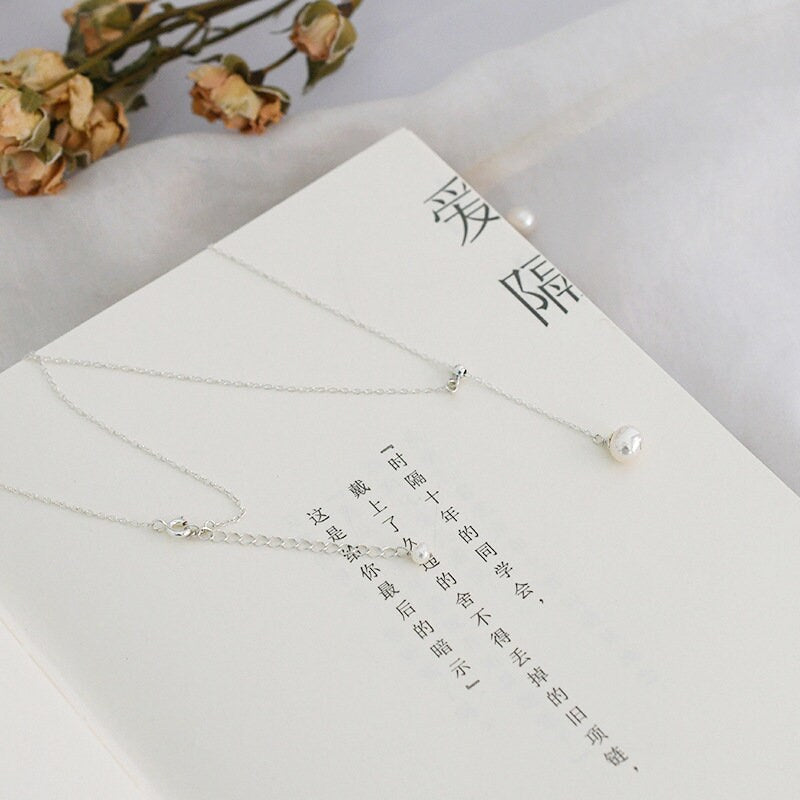 Natural Freshwater Pearl Necklace, Silver Pearl Y Necklace, Dainty Pearl Necklace, Bridal Necklace, Bridesmaids Necklace, Wedding Lariat