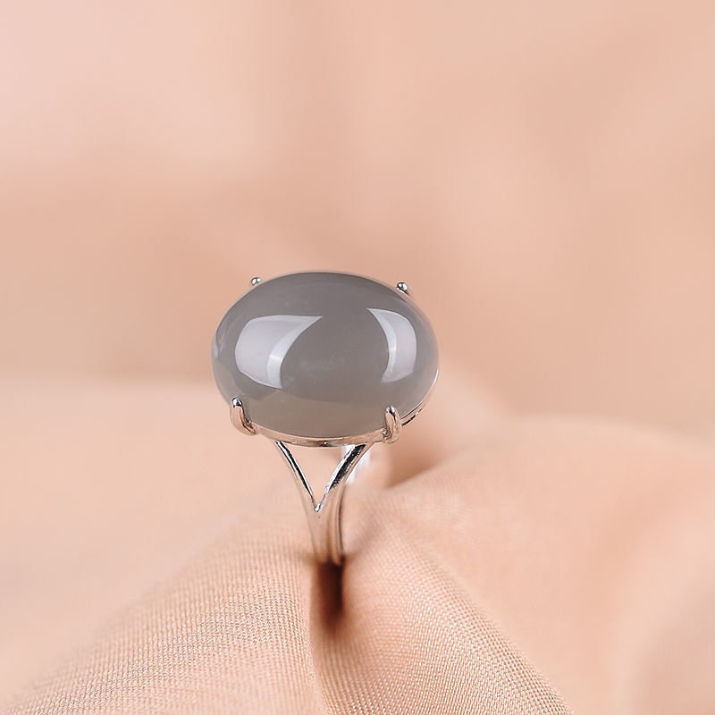 2*16 Genuine Hetian Jade Light Green/Grey Ring, Oval Shape Nephrite Ring with 925 Silver, Simple Big Jade Adjustable Ring 田碧玉戒指, 湖水绿&烟紫