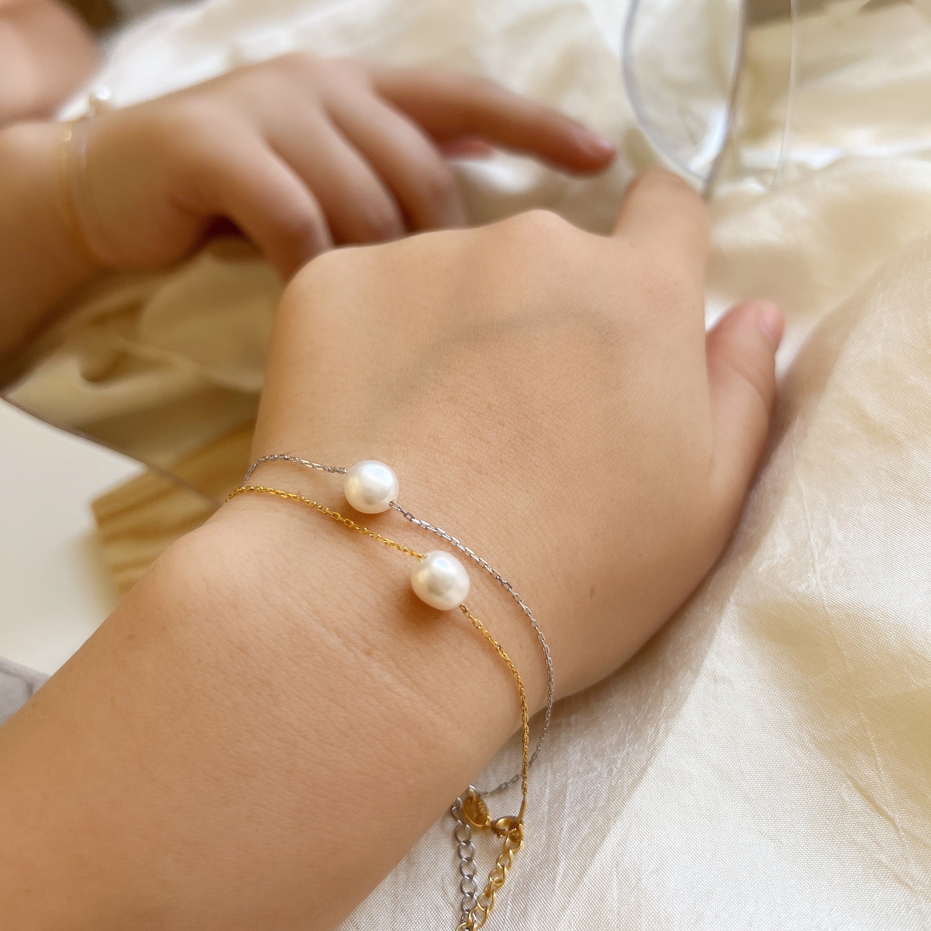 Gleaming Gold Pearl Silver Bracelet – PearlMania