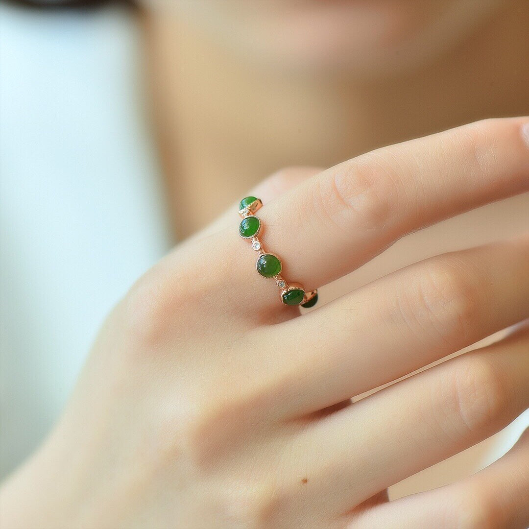 Multi Green Jade Ring, 7 Small Nephrite Silver Ring with Rose Gold Plated, 925 Sterling Silver Adjustable Band, Genuine Hetian Jade Ring