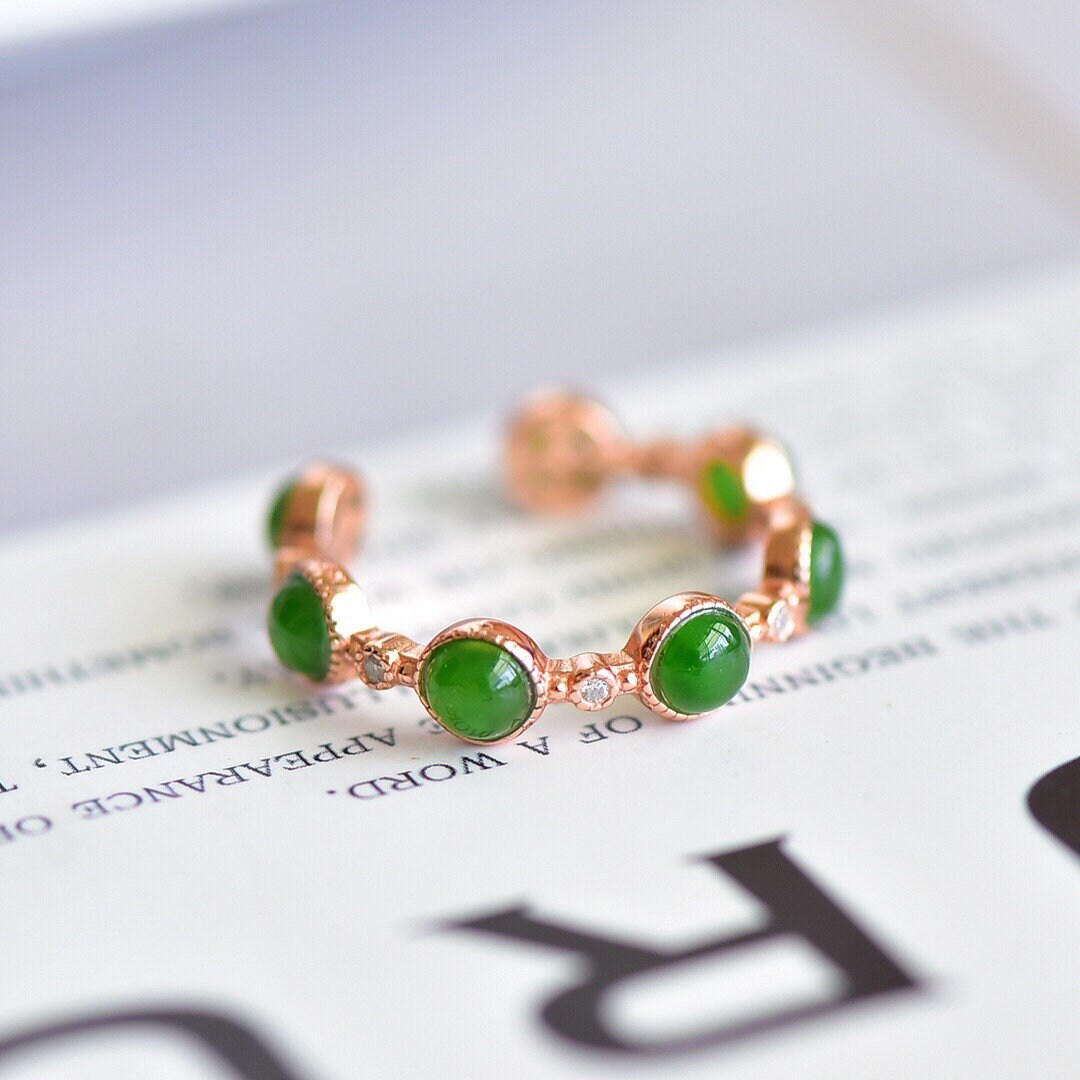 Multi Green Jade Ring, 7 Small Nephrite Silver Ring with Rose Gold Plated, 925 Sterling Silver Adjustable Band, Genuine Hetian Jade Ring