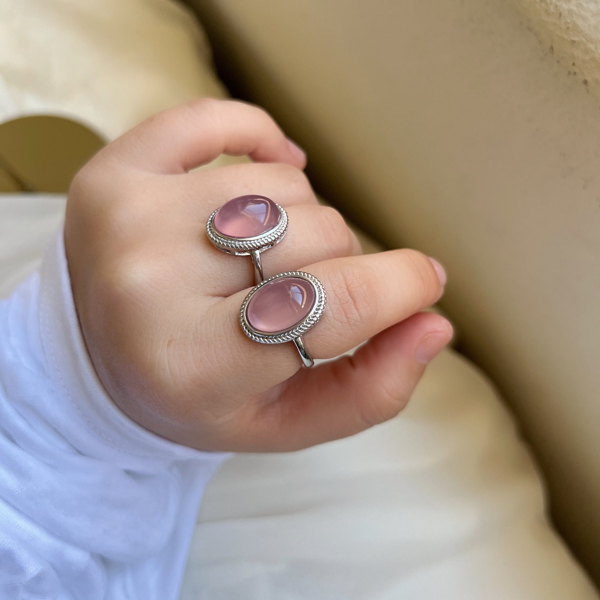 Boho Style Big Size Natural Stone Ring, Oval Round Pink Crystal Ring, Large Crystal Silver Ring, Big Pink Gemstone Ring