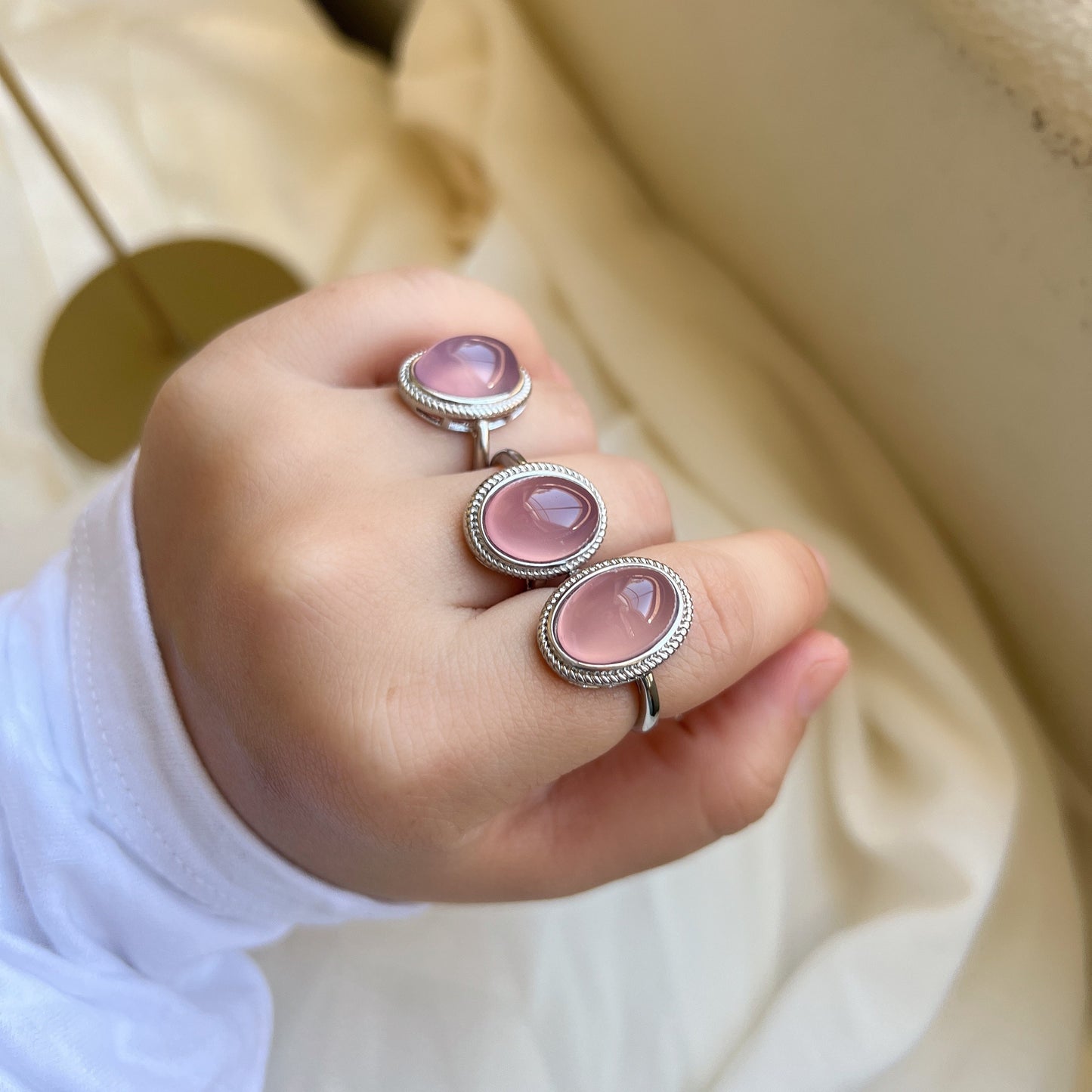 Boho Style Big Size Natural Stone Ring, Oval Round Pink Crystal Ring, Large Crystal Silver Ring, Big Pink Gemstone Ring