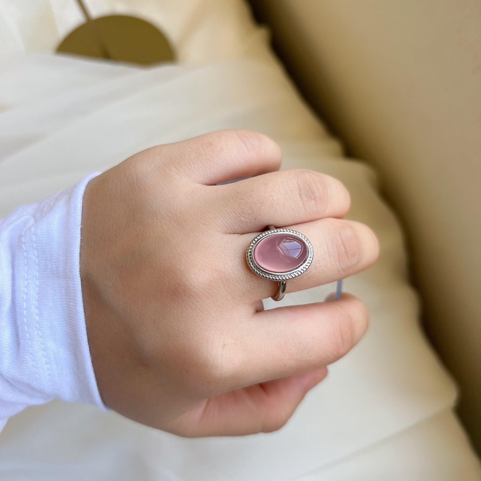 Boho Style Big Size Natural Stone Ring, Oval Round Pink Crystal Ring, Large Crystal Silver Ring, Big Pink Gemstone Ring