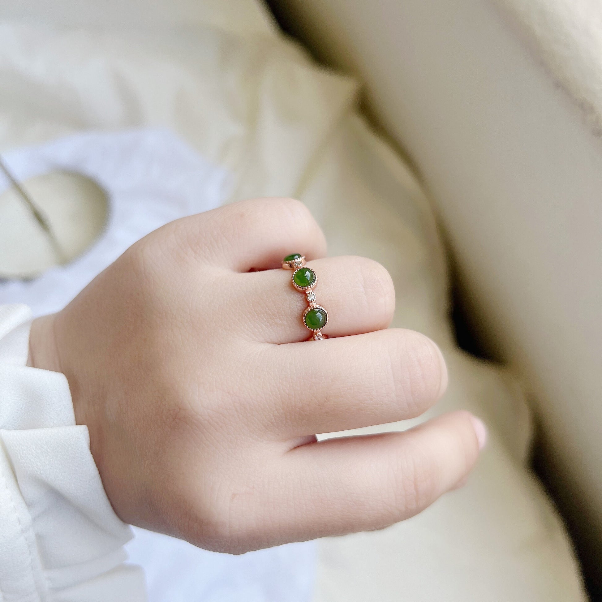 Multi Green Jade Ring, 7 Small Nephrite Silver Ring with Rose Gold Plated, 925 Sterling Silver Adjustable Band, Genuine Hetian Jade Ring