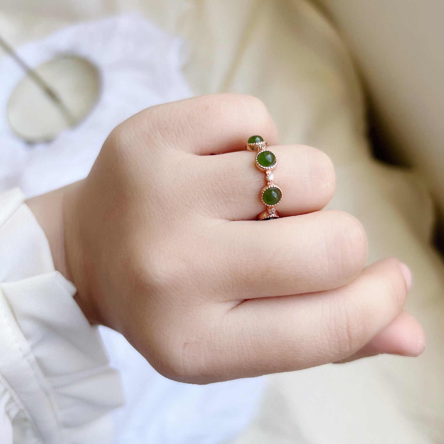 Multi Green Jade Ring, 7 Small Nephrite Silver Ring with Rose Gold Plated, 925 Sterling Silver Adjustable Band, Genuine Hetian Jade Ring