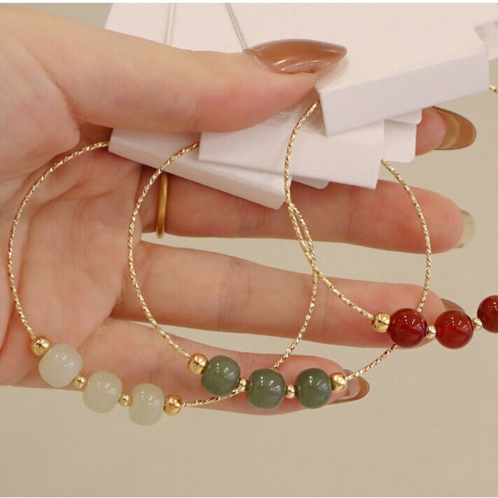 Simple Natural Hetian Bracelets light/ dark green Jade red agate, 14k Gold filled minimalist Bangle gift for mother girlfriend daughter